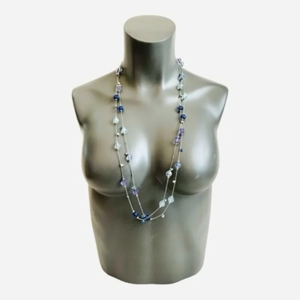 Vintage Silver Tone Multilayered Blue & Violet Crystal Stations Necklace 70